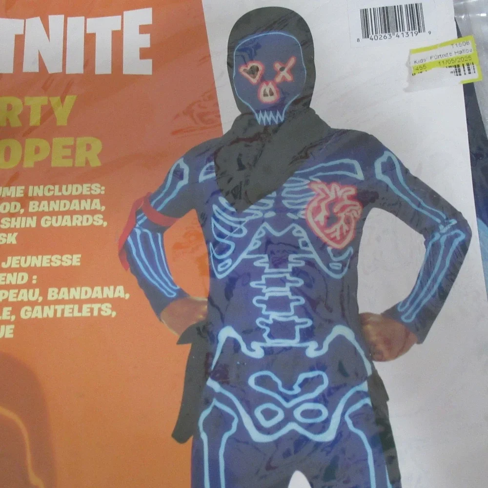 Fortnite Party Trooper Costume Youth Large 10-12 Blue New Skeleton Halloween